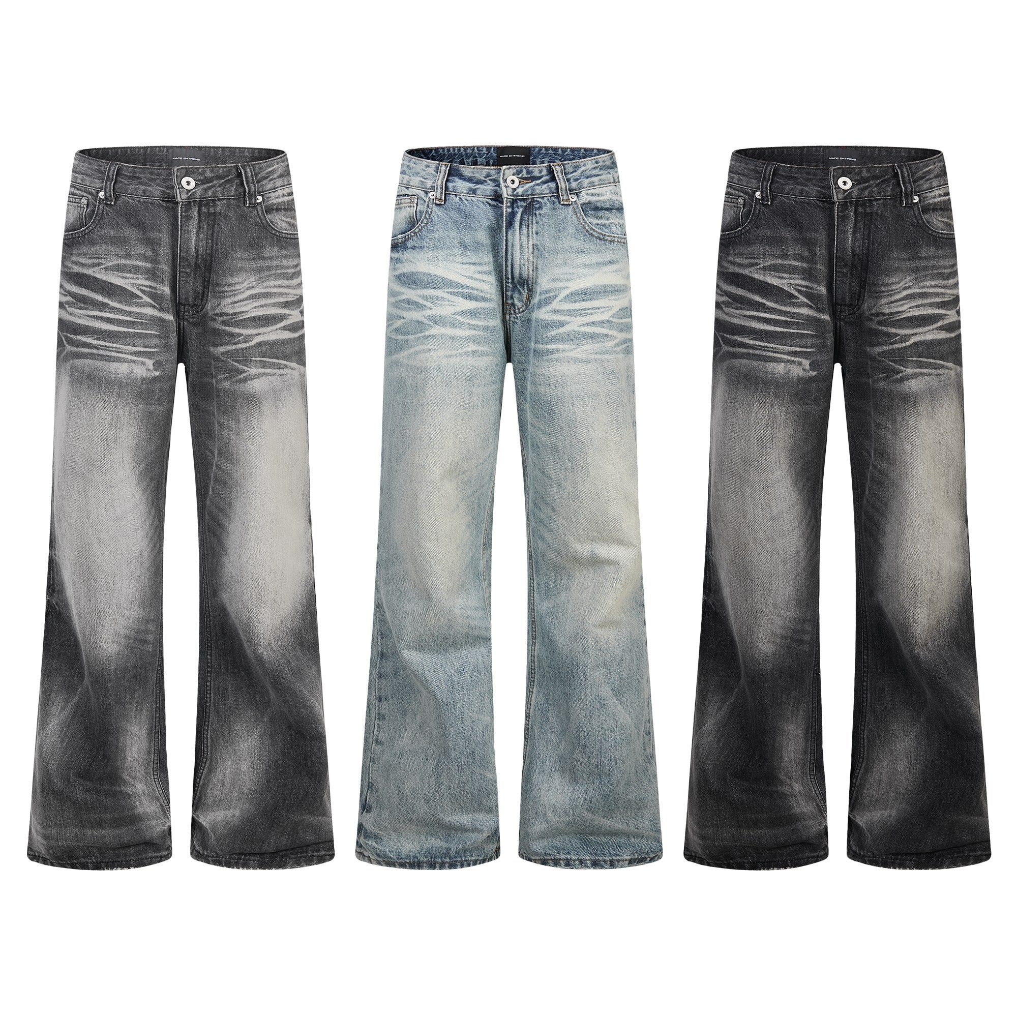 Omirad vintage washed wide-leg jeans in washed grey with heavy stonewash fading and whisker detailing, front view