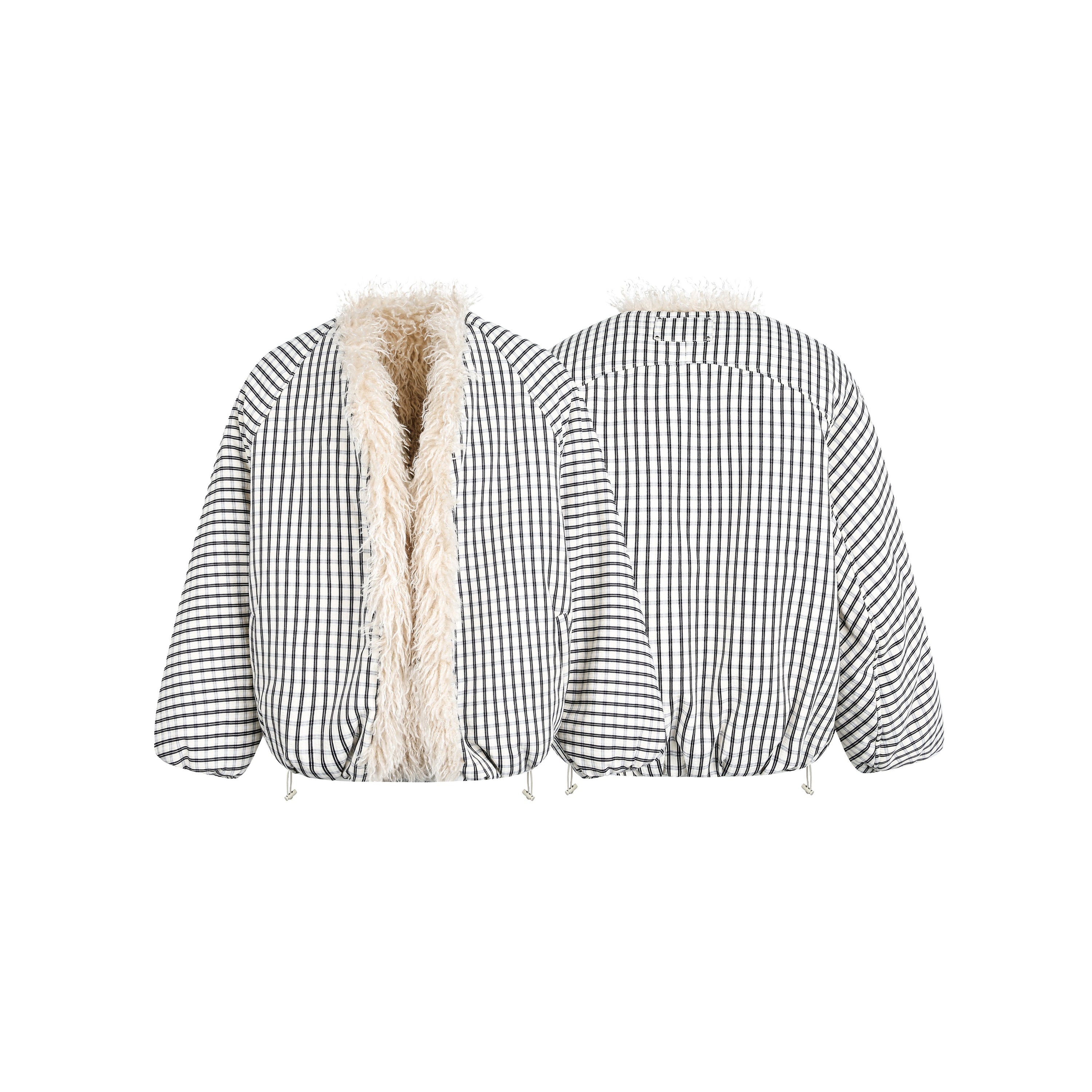 Front and back view of an oversized black and white checkered jacket with cream faux-fur lining and drawstring hem