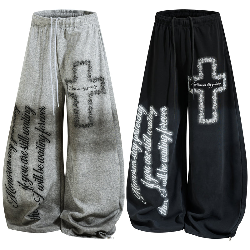 Gothic Cross Script Wide-Leg Sweatpants | Streetwear Joggers