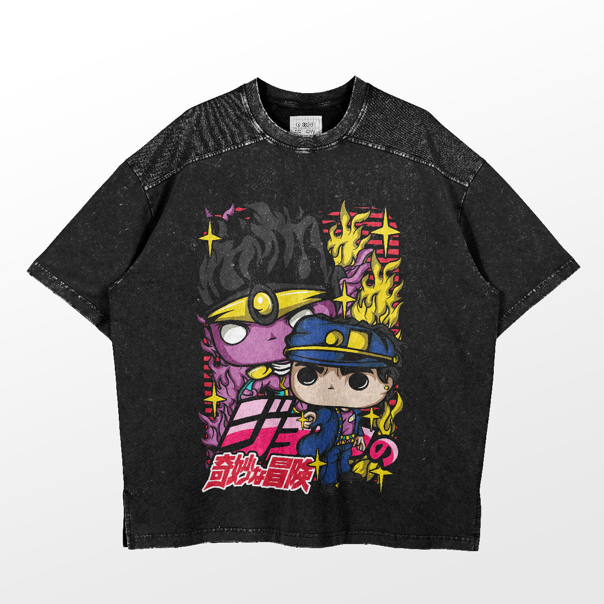 A JoJo's Bizarre Adventure shirt featuring two animated characters, one with sunglasses and the other in a blue cap. Colorful Japanese text is printed below them. Made from high-quality cotton, this black shirt has a speckled texture ideal for summer clothing enthusiasts.