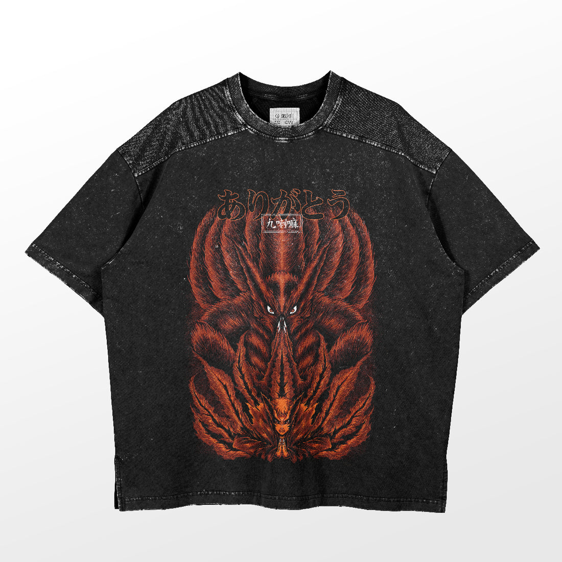 The Naruto Kurama T-Shirt by Naruto features a vertically mirrored black design with an intricate red-orange mythical creature and Japanese text. It has a speckled texture and short sleeves, ideal for any fan of Naruto apparel. .