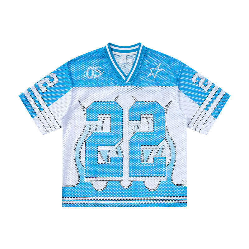 Omirad Eternity 22 Flame mesh jersey t-shirt in sky blue and white with oversized number 22 graphic and flame detailing