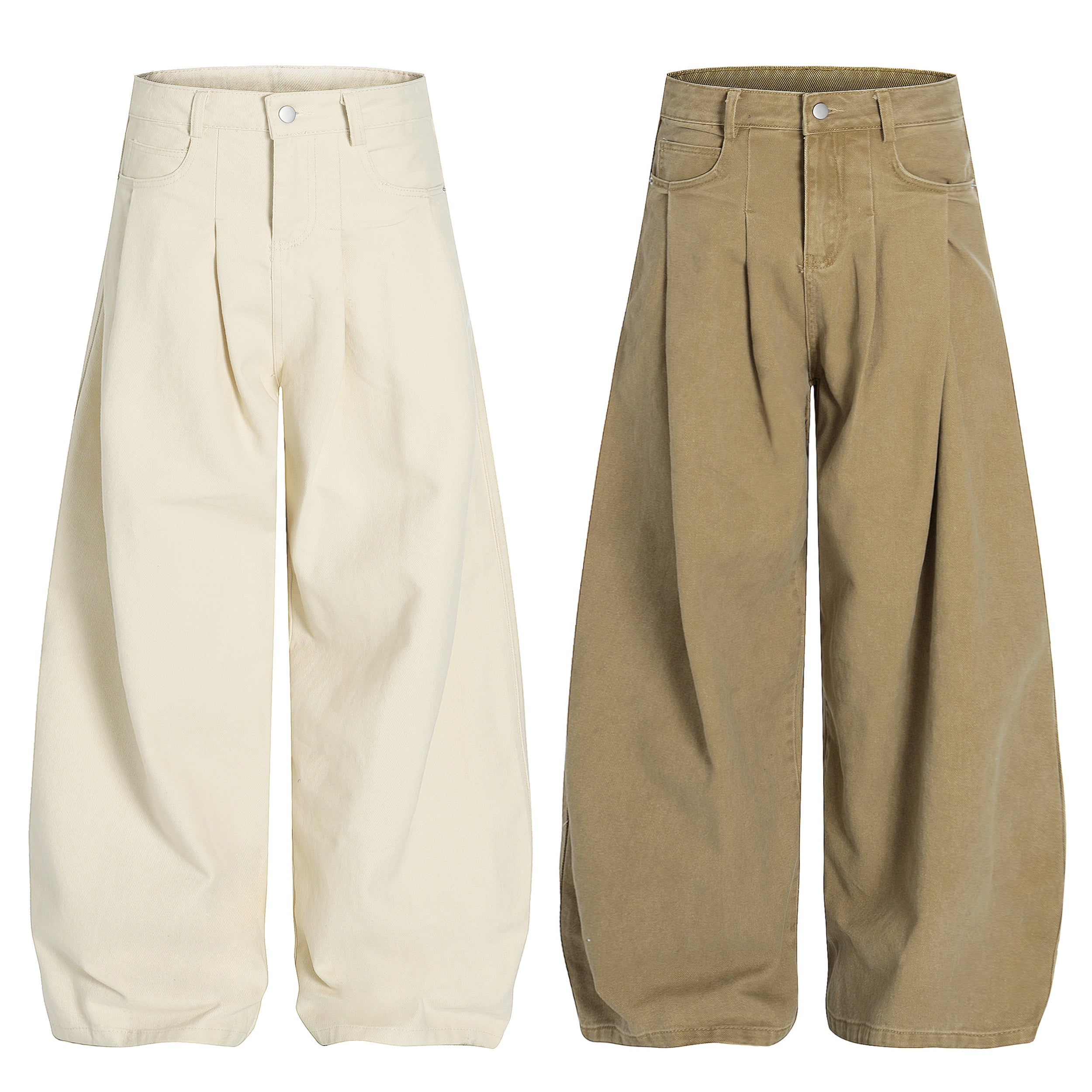 Front view of wide-leg pleated canvas pants in cream white and khaki tan, shown side by side on a white background