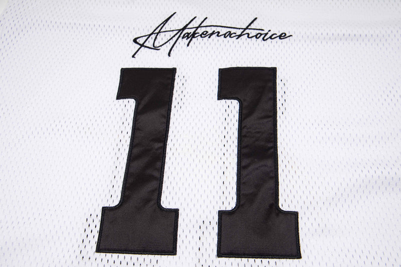 White mesh jersey tee with black 11 graphic and handwritten Seakoff logo on the chest
