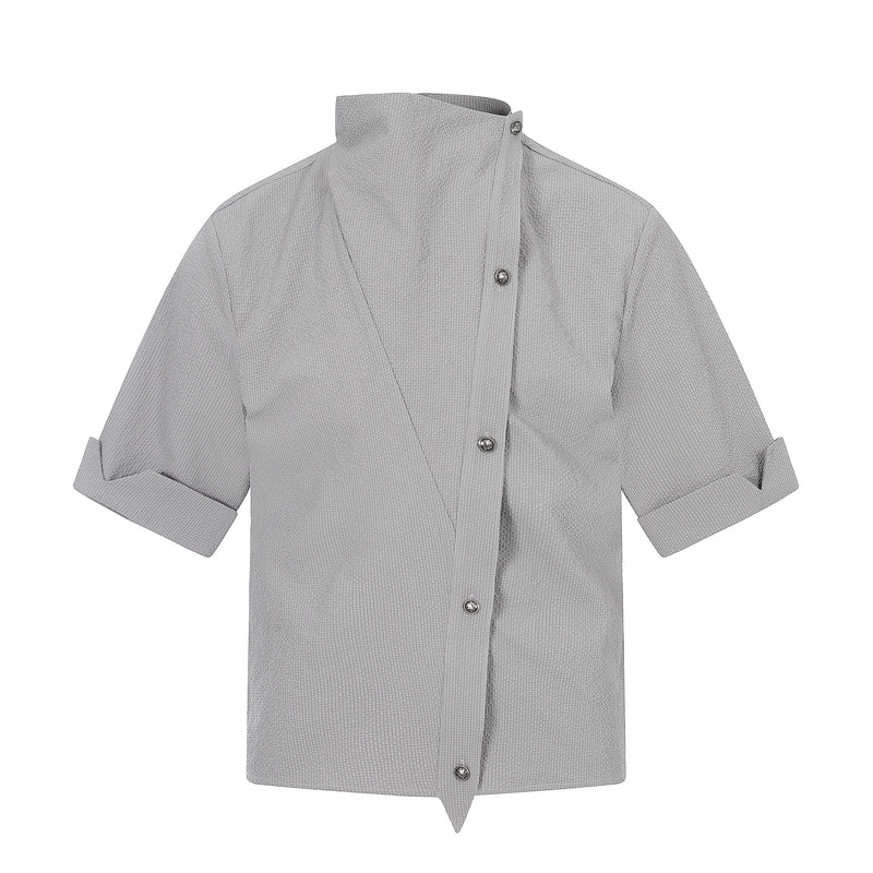 Gray asymmetrical stand-collar cotton shirt with short rolled sleeves and textured minimal streetwear design