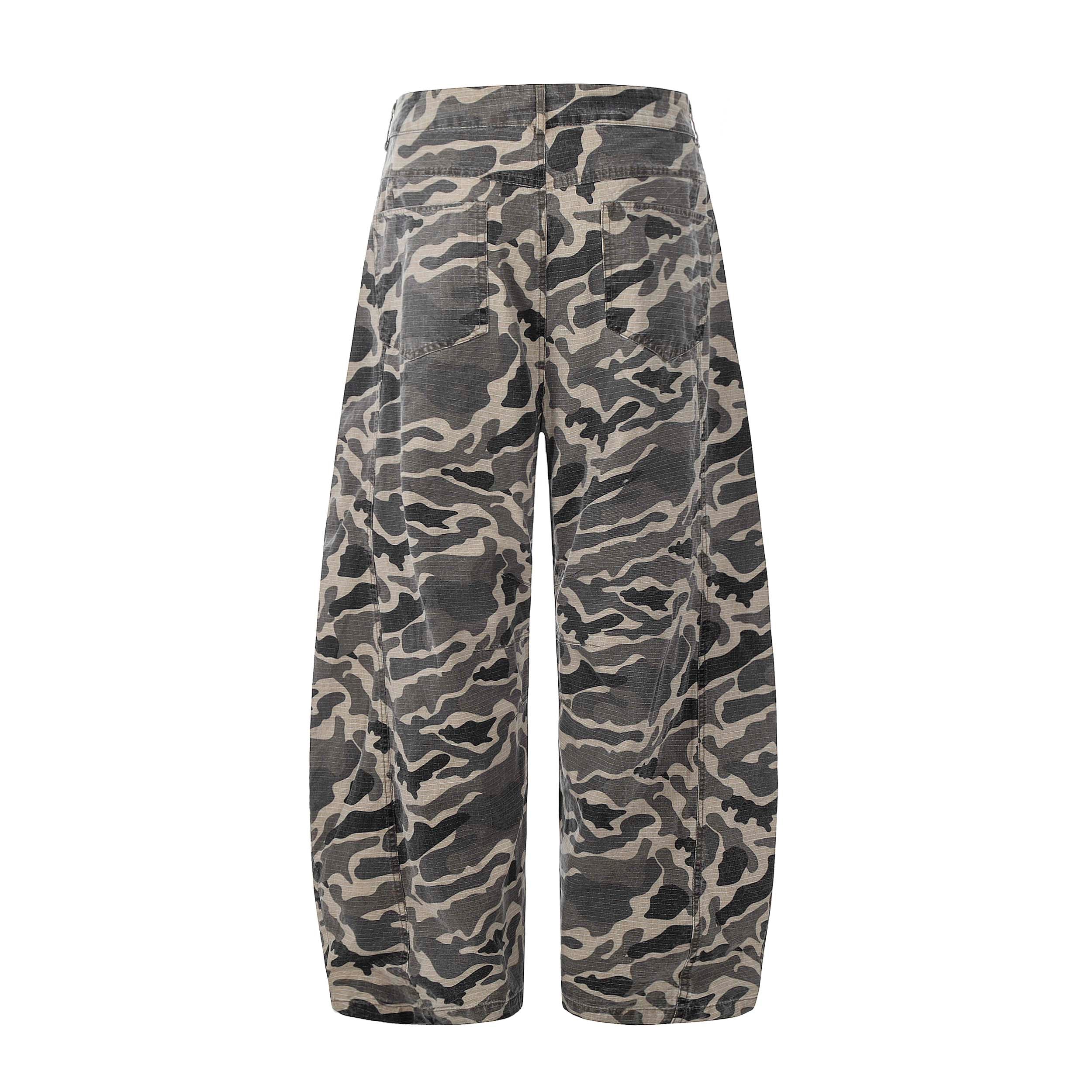 Grey Camo Barrel Pants | Wide-Leg Ripstop Cotton Trousers