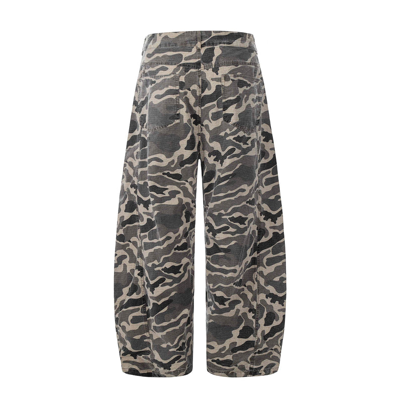 Grey Camo Barrel Pants | Wide-Leg Ripstop Cotton Trousers