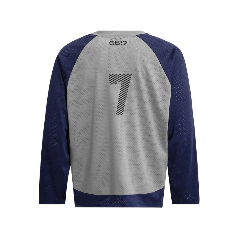 Back view of gray and navy long sleeve mesh jersey with large 7 and G617 at the neck