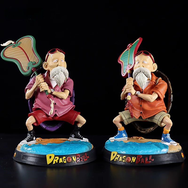 The Seakoff Master Roshi Collectible Figures, each 18cm tall, feature an elderly man with a white beard and sunglasses holding banana fans. They wear red and orange outfits on labeled &quot;Dragon Ball&quot; bases—a perfect addition to any Dragon Ball collection.