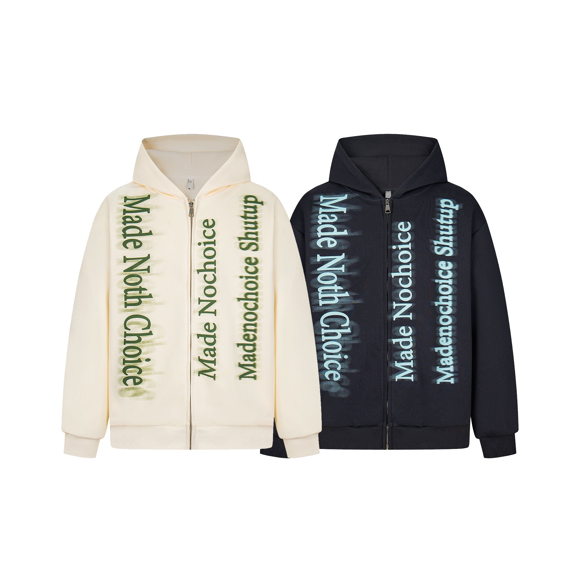 Omirad Gradient Letter Zip Hoodie in cream and black colorways showing vertical spray-print typography on the front