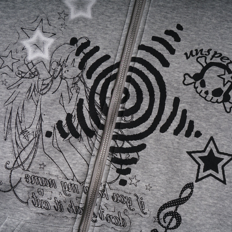 Close-up of front graphic on gray zip-up hoodie with stars, spiral, and skull print