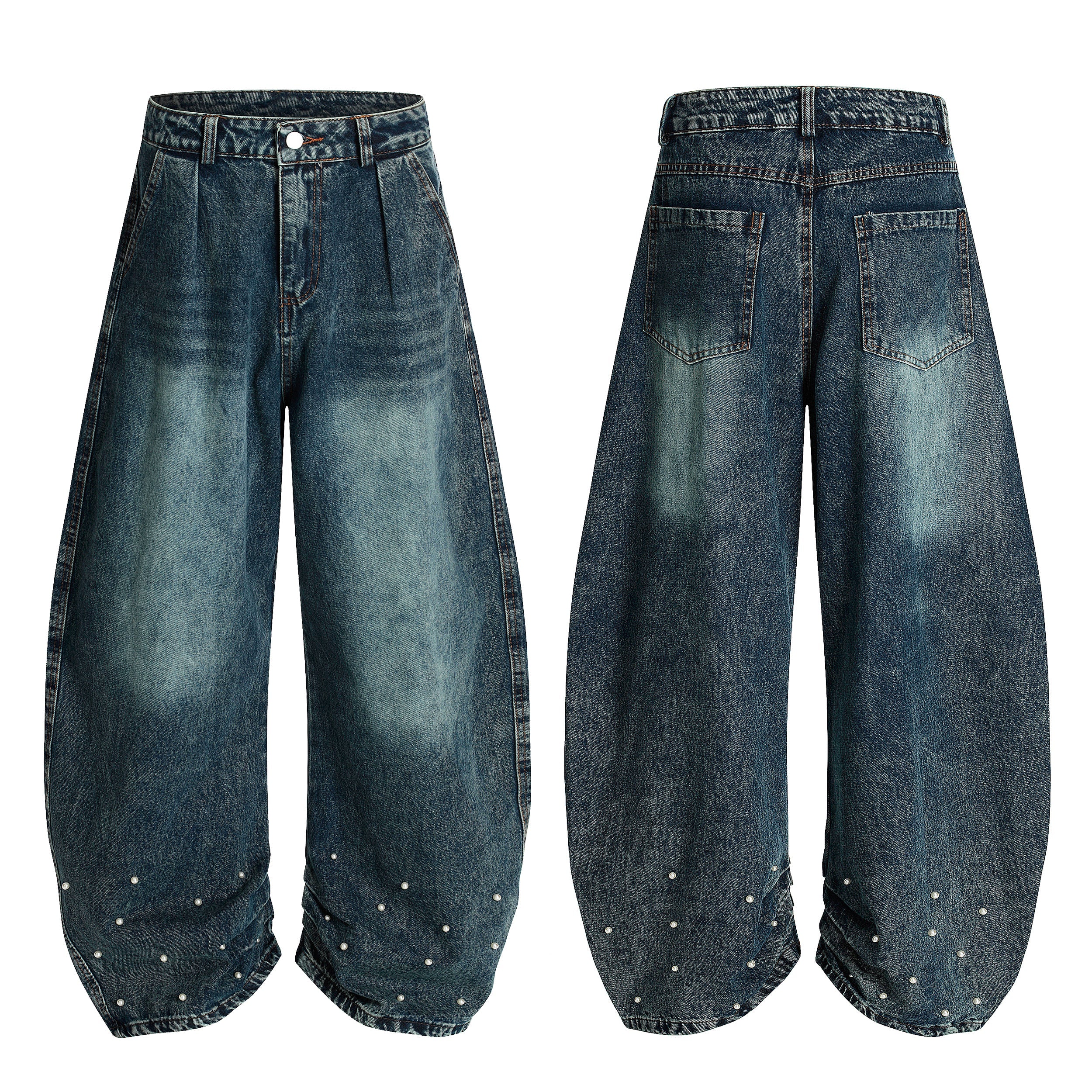 Front and back view of vintage washed barrel-leg jeans with pearl-studded elasticized cuffs and pleated front