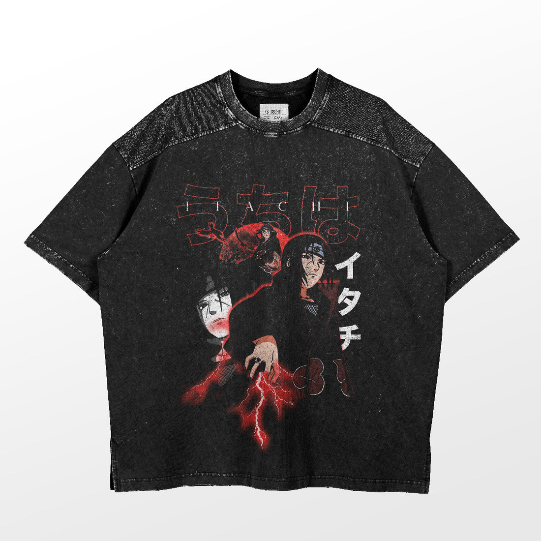 Introducing the Itachi Uchiha Lightning T-Shirt by Naruto, this black premium anime apparel features graphic designs of characters like Itachi with Japanese text. A wash-out effect gives it a vintage appeal, and red accents highlight key illustration areas.