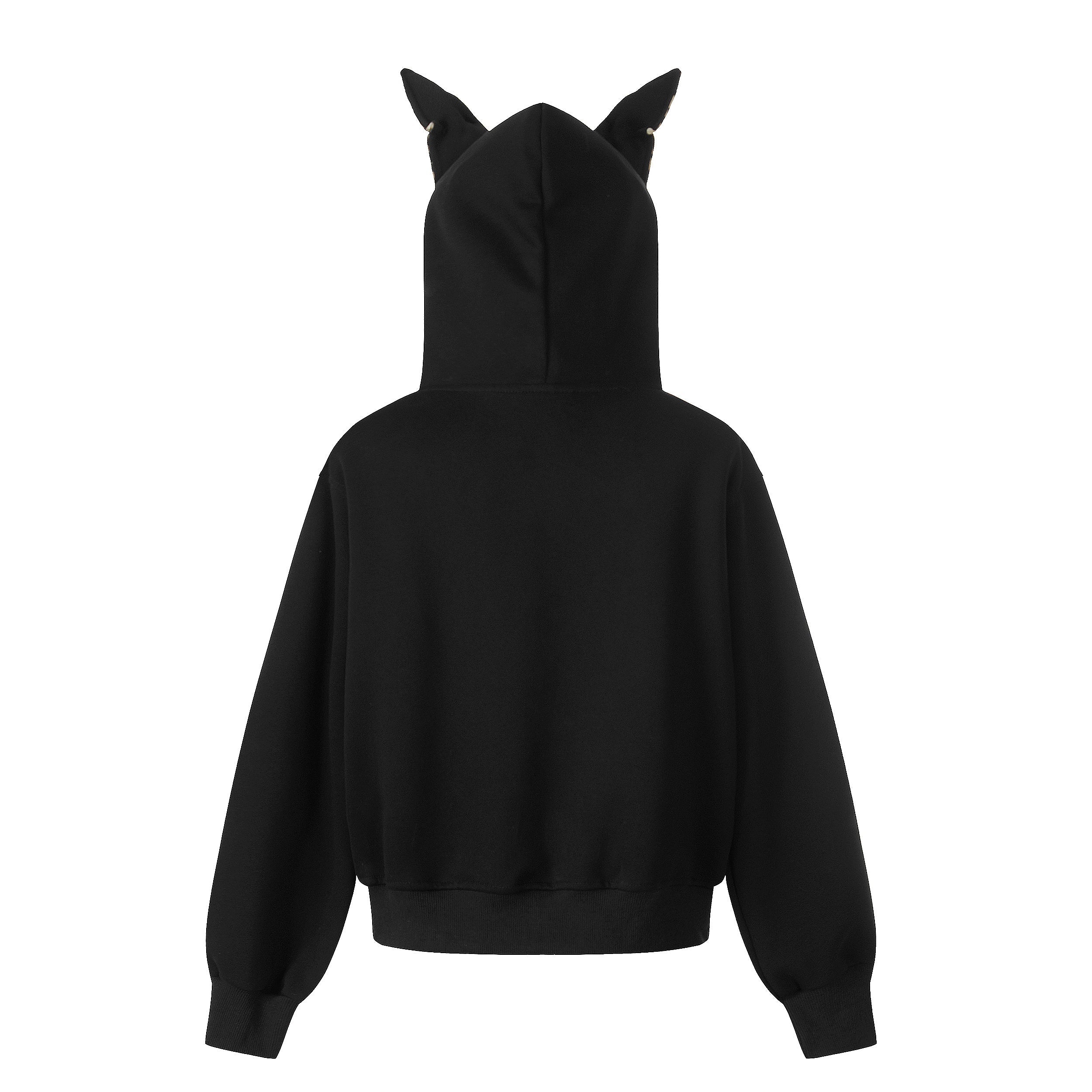 Leopard Panel Cat Ear Zip-Up Hoodie | Street Style Black
