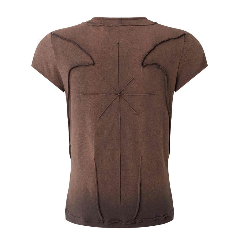 Brown sculpted cotton tee with raw seam paneling, short sleeves, and an avant-garde back stitch detail