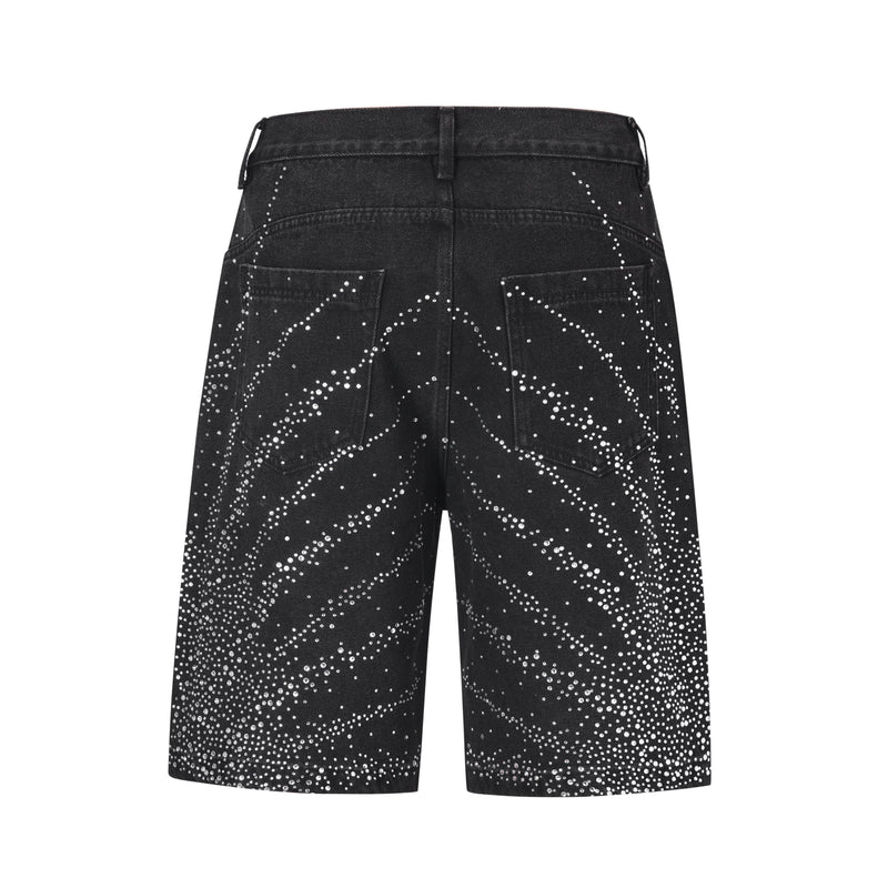 Back view of black denim shorts with rhinestone burst design and back pockets