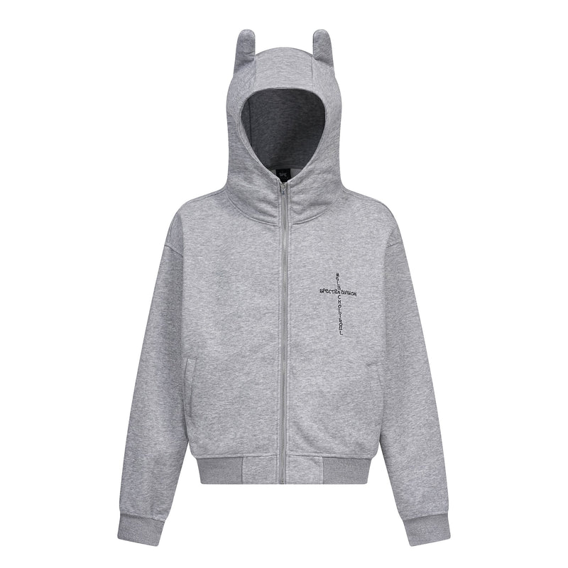 Light gray zip hoodie front view with devil-ear hood and small black chest graphic