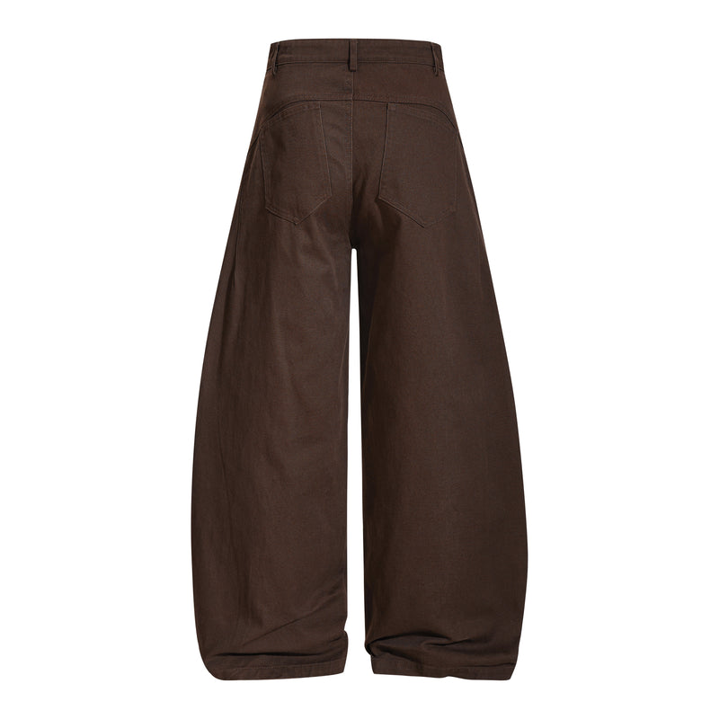 Brown pants back view with patch pockets and wide legs