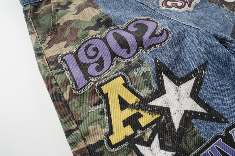 Close-up of camouflage side panel with purple 1902 patch and yellow star graphic
