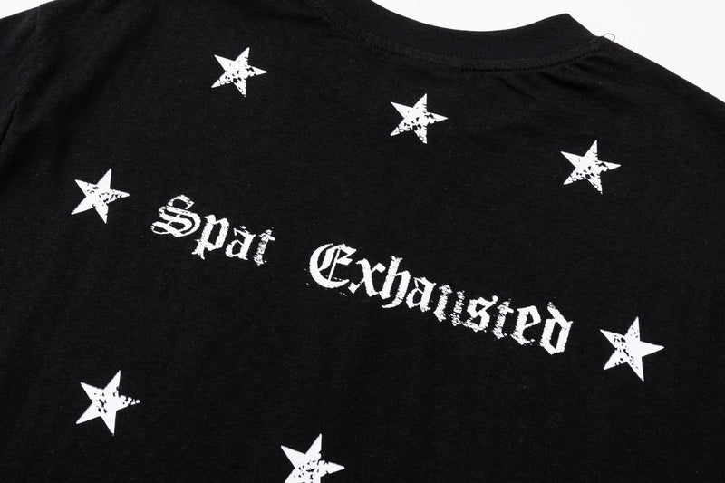 Black oversized tee with distressed white gothic stars and Spai Exhaised text on the back