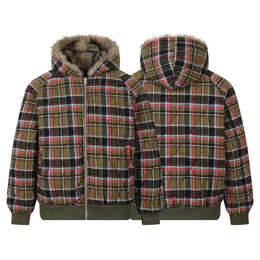 Reversible Plaid Faux Fur Hooded Bomber Jacket | Military Green