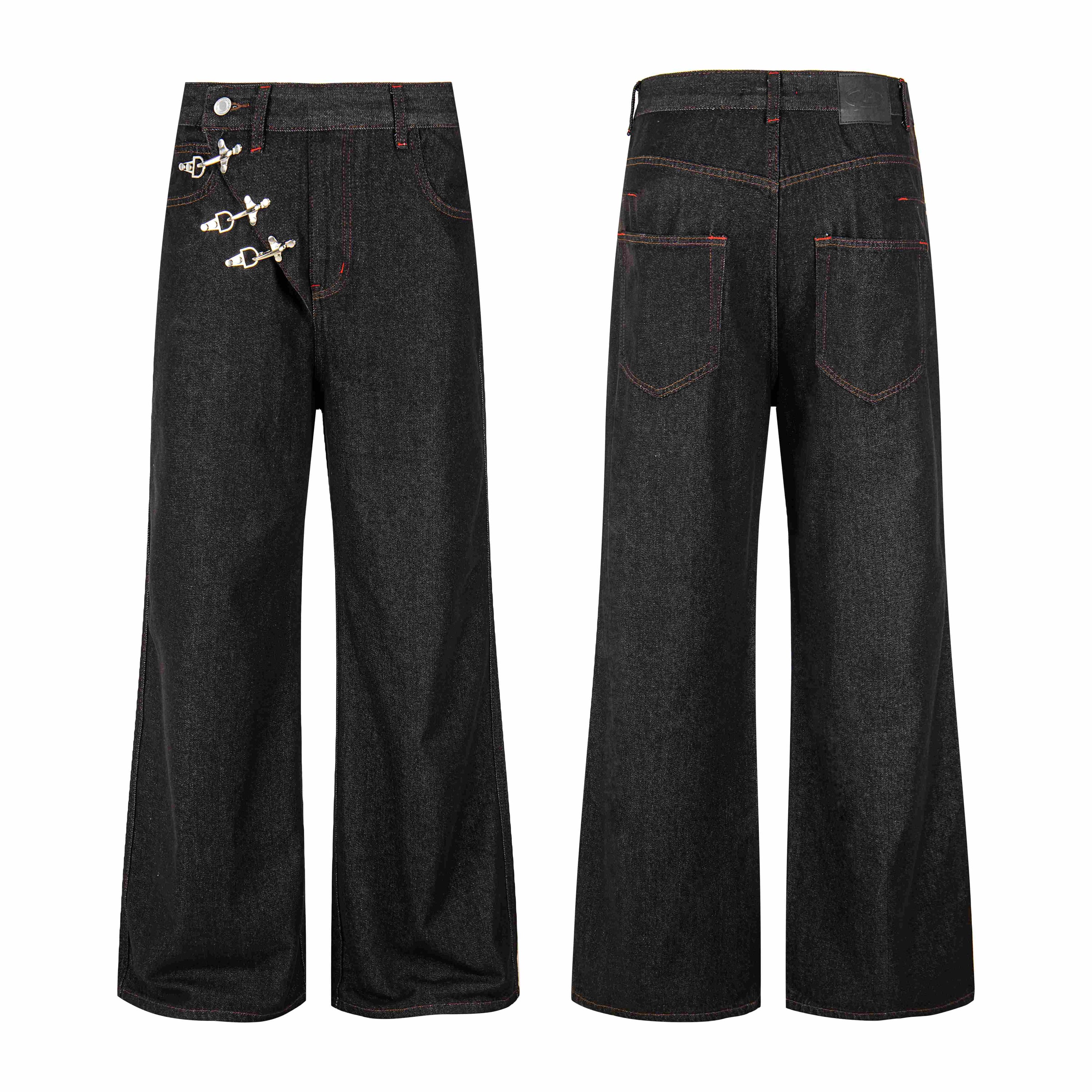 Front and back view of black wide-leg denim pants with asymmetrical silver metal hook closures and red contrast stitching