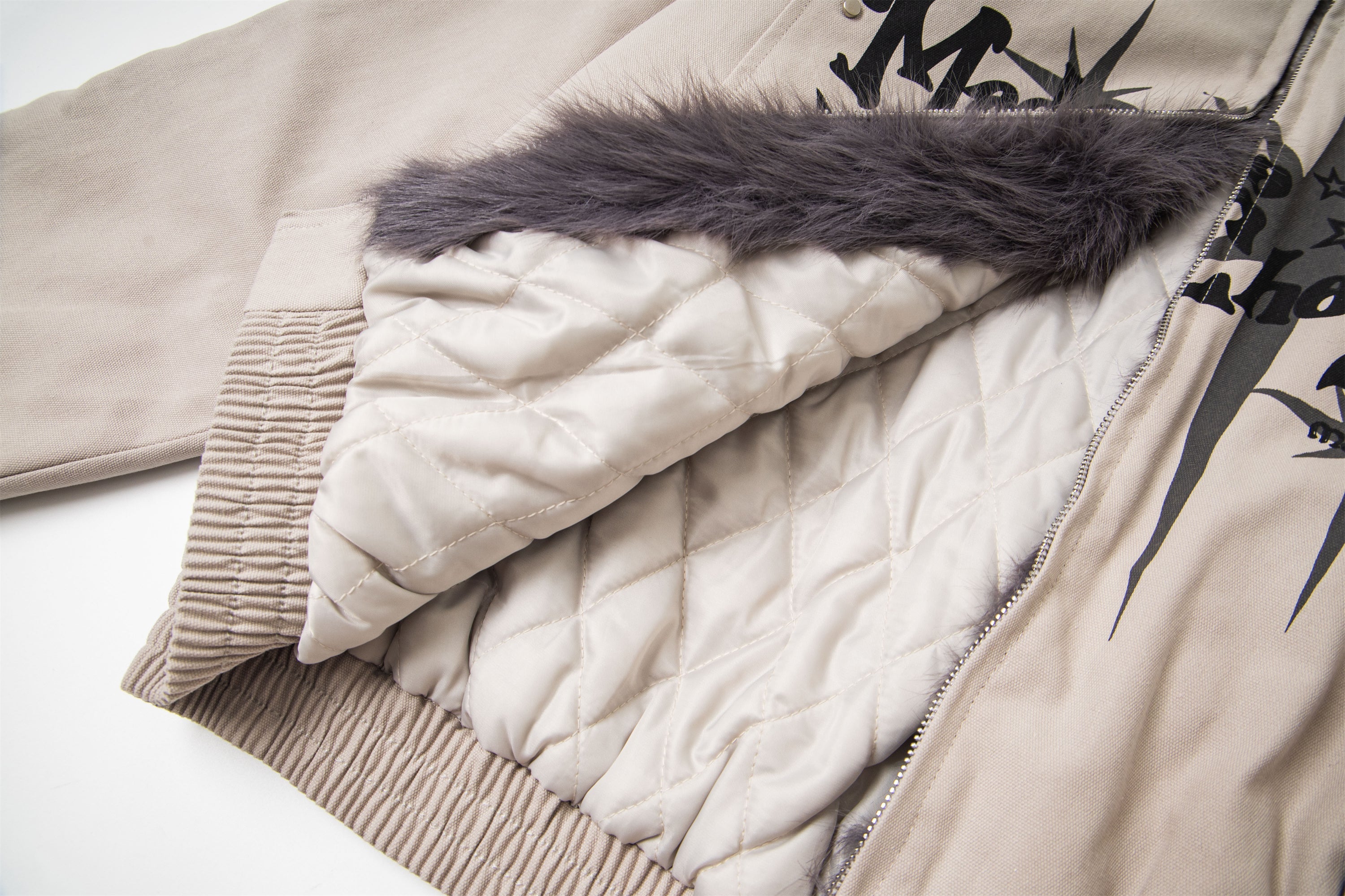 Faux Fur Collar Quilted Bomber Jacket | Streetwear Graphic