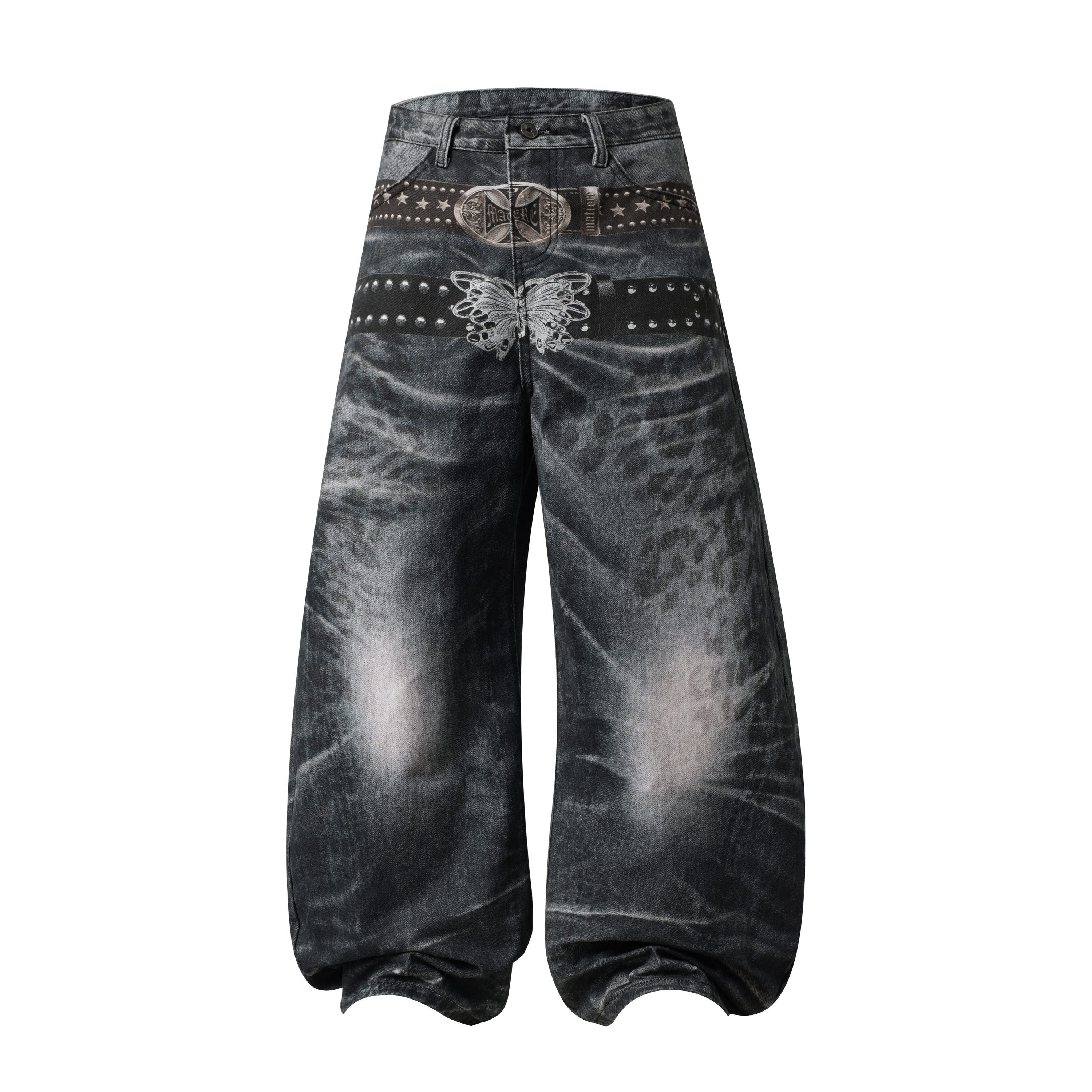Omirad Washed Studded Wide-Leg Jeans | Butterfly Graphic