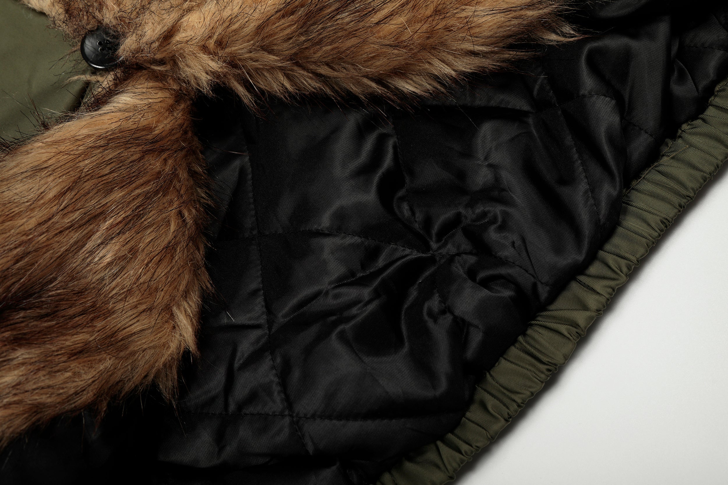 Faux Fur Trimmed Hooded Puffer Jacket | Army Green & Black