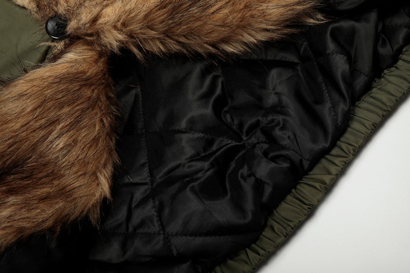 Faux Fur Trimmed Hooded Puffer Jacket | Army Green & Black