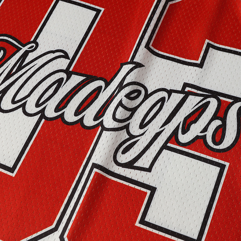 Red and white varsity football jersey with bold number 03 and script lettering on textured streetwear fabric