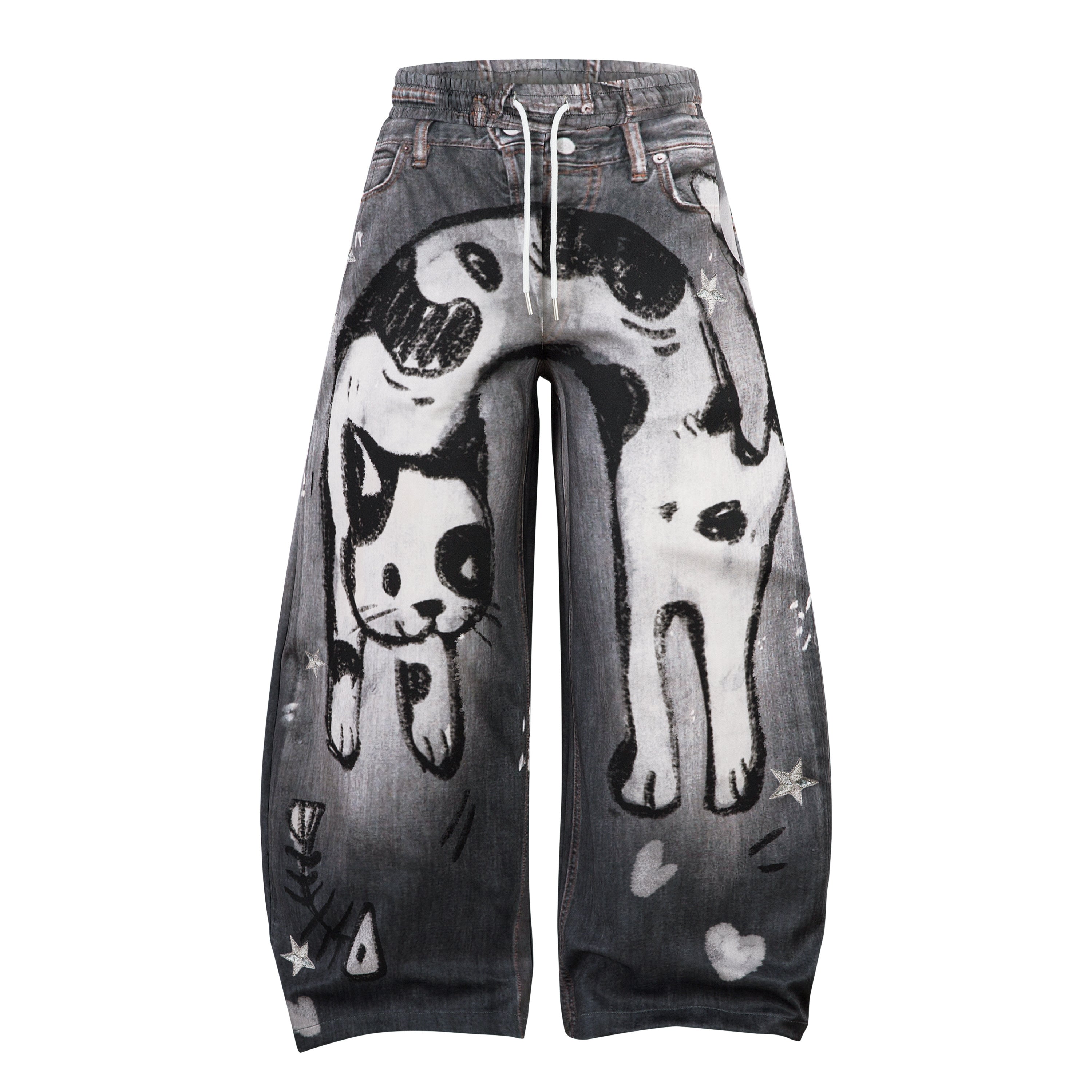 Cat Print Barrel Leg Jeans | Washed Grey Street Art Denim