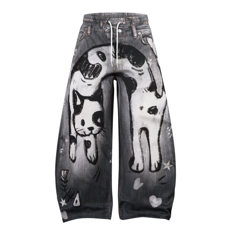 Cat Print Barrel Leg Jeans | Washed Grey Street Art Denim