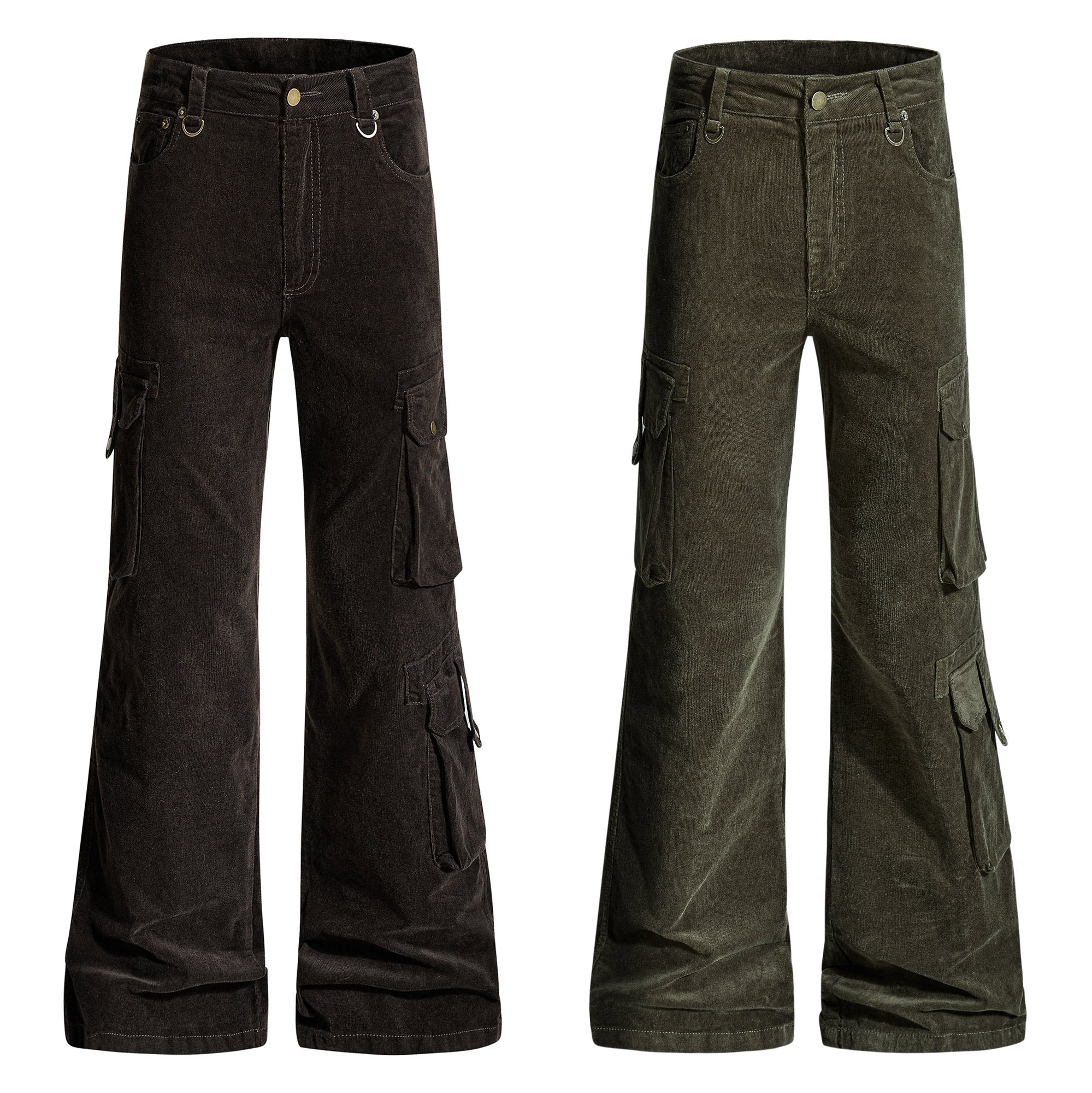Washed black and olive green utility flared cargo pants with multiple pockets and D-ring hardware, shown flat on white backgr