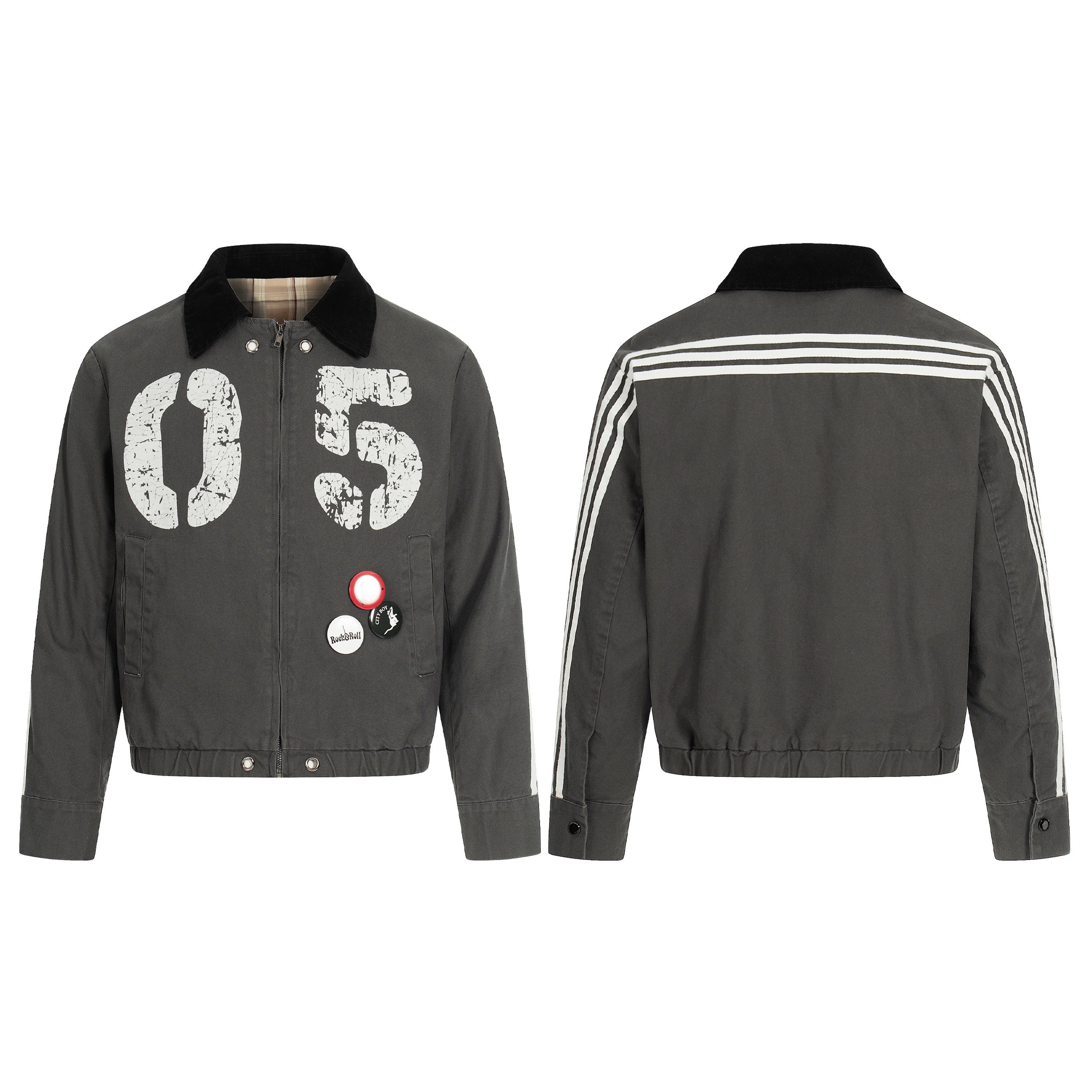 Charcoal grey bomber jacket with distressed white '05' print, black velvet collar, enamel pins, front and back view