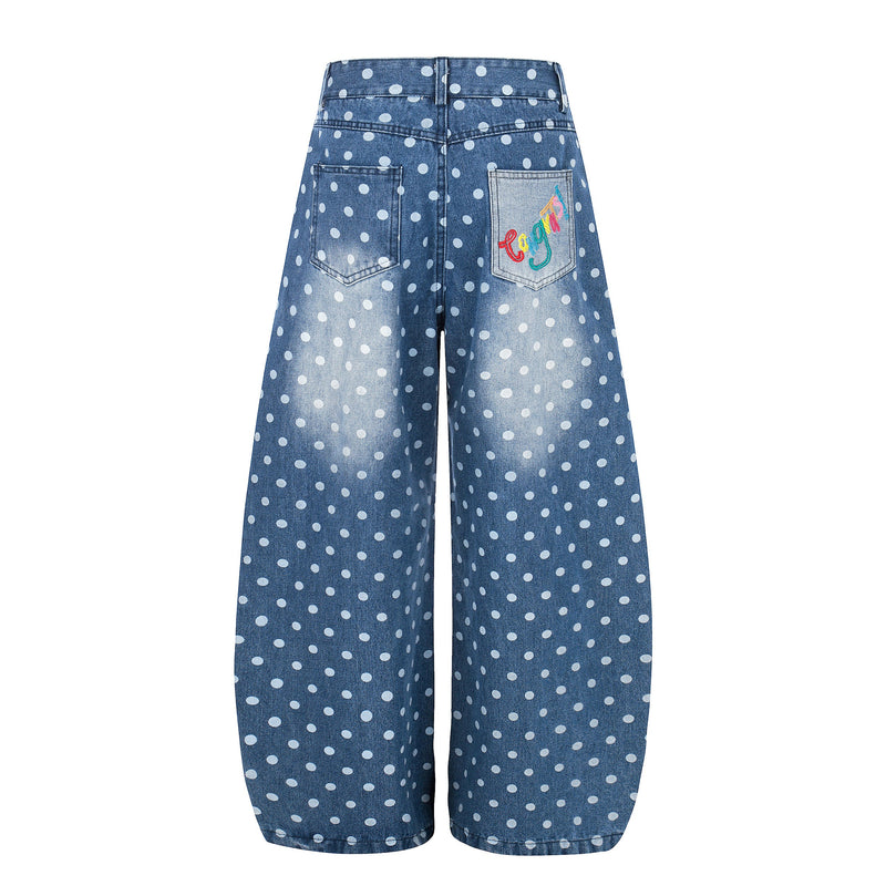 Back view of blue polka dot wide-leg denim jeans with patch pockets