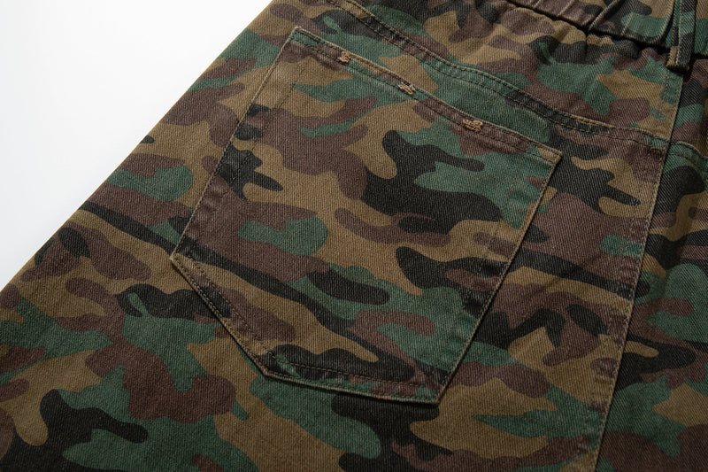 Close-up of back pocket on woodland camo pants