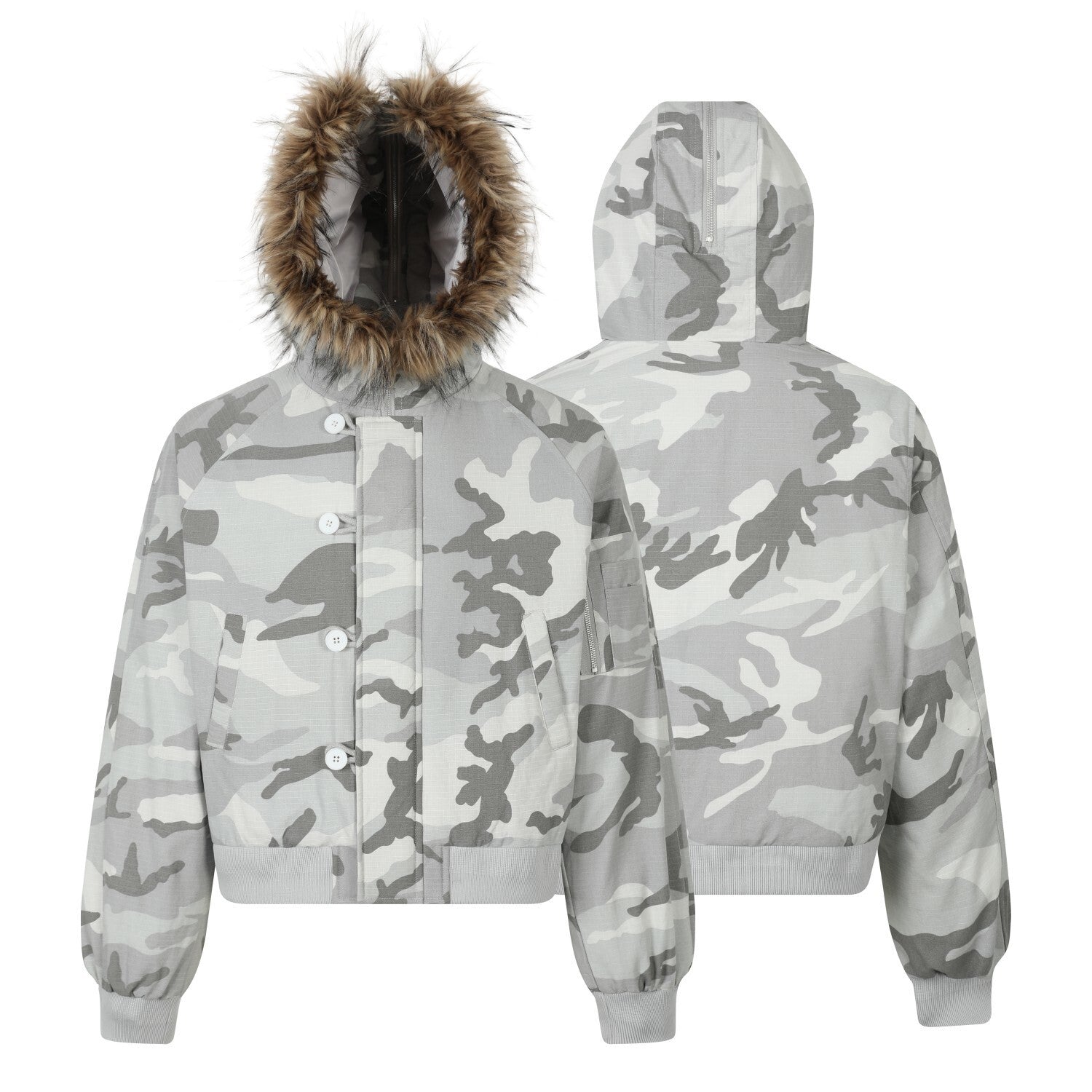 Camo Faux Fur Hood Cropped Bomber Jacket | Omirad