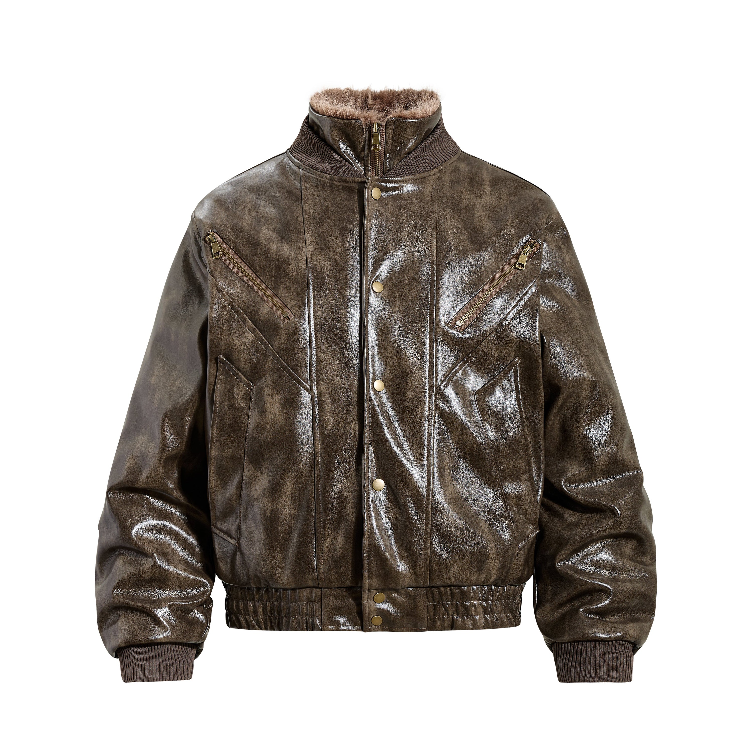 Omirad Faux Leather Bomber Jacket with Faux Fur Collar
