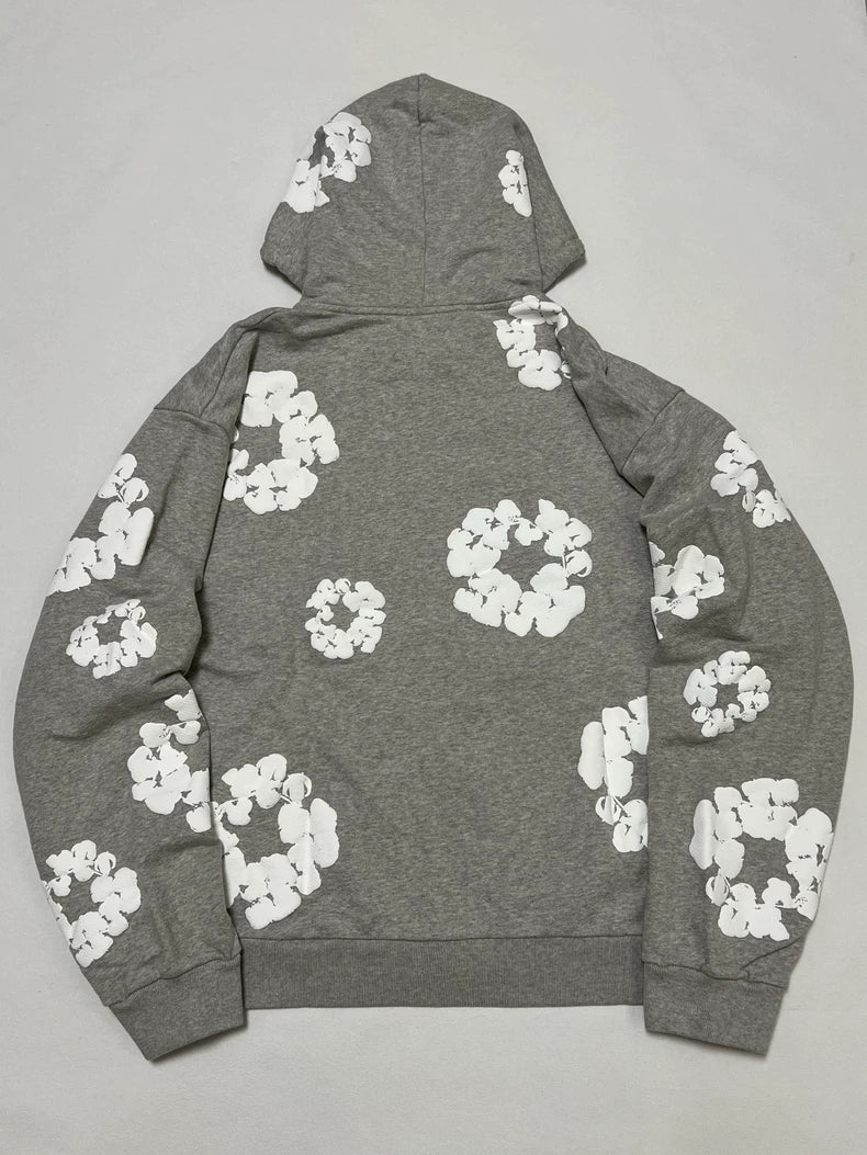 Denim Tears Cotton Wreath Puff Print Zip-Up Hoodie – Grey
