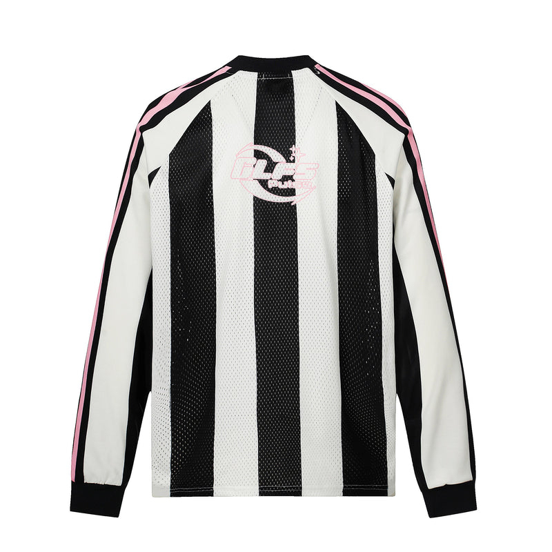 Back of black and white striped long-sleeve football jersey tee with pink shoulder stripes and back logo