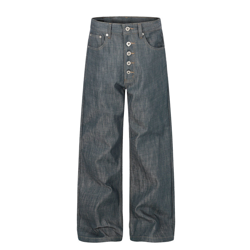 Front view of wide leg washed grey denim jeans with button-fly closure and five-pocket styling