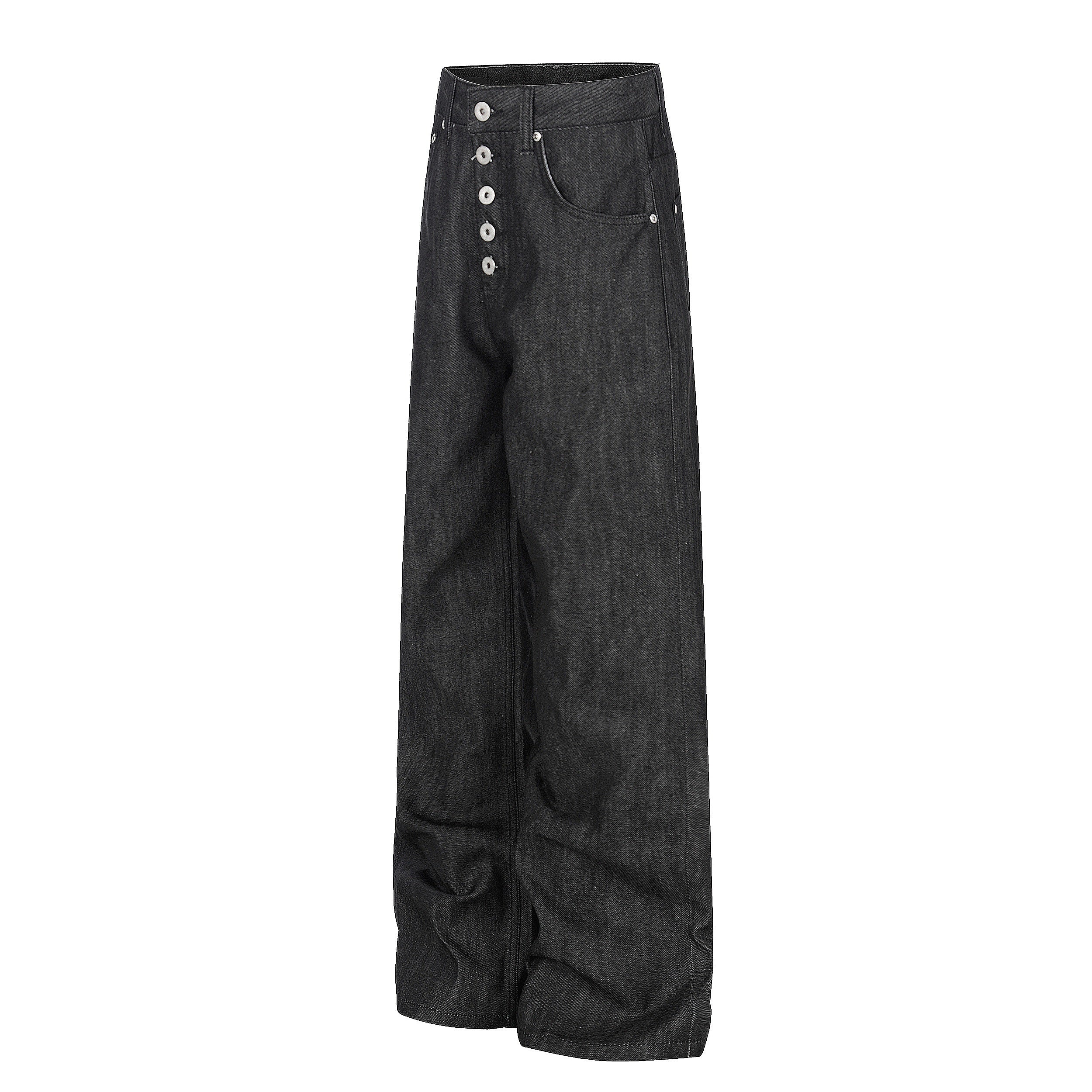 Black Raw Denim Wide Leg Jeans | Button Fly | Omirad