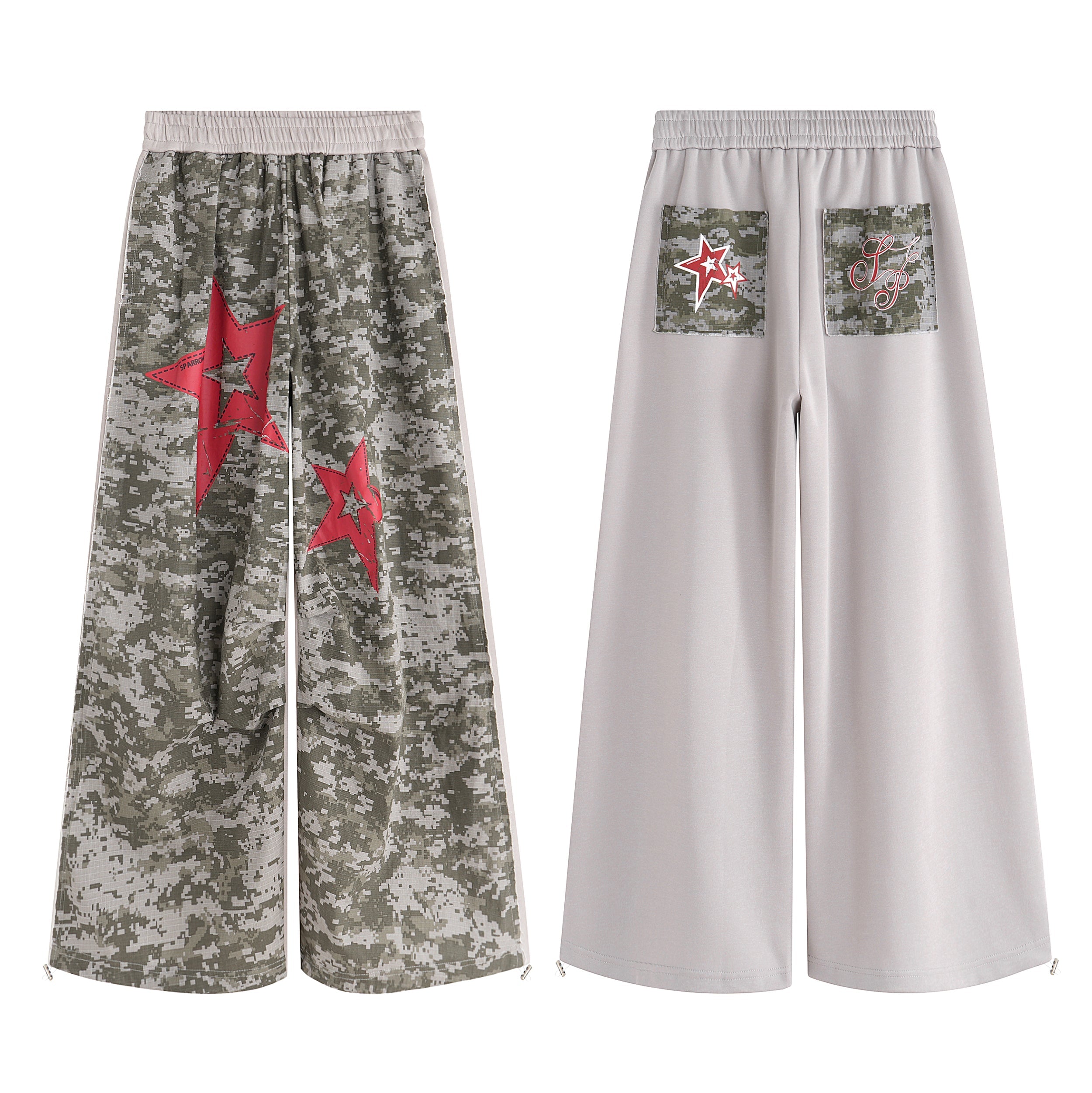 Front view of digital camouflage wide-leg pants with oversized red star applique graphics and elastic waistband