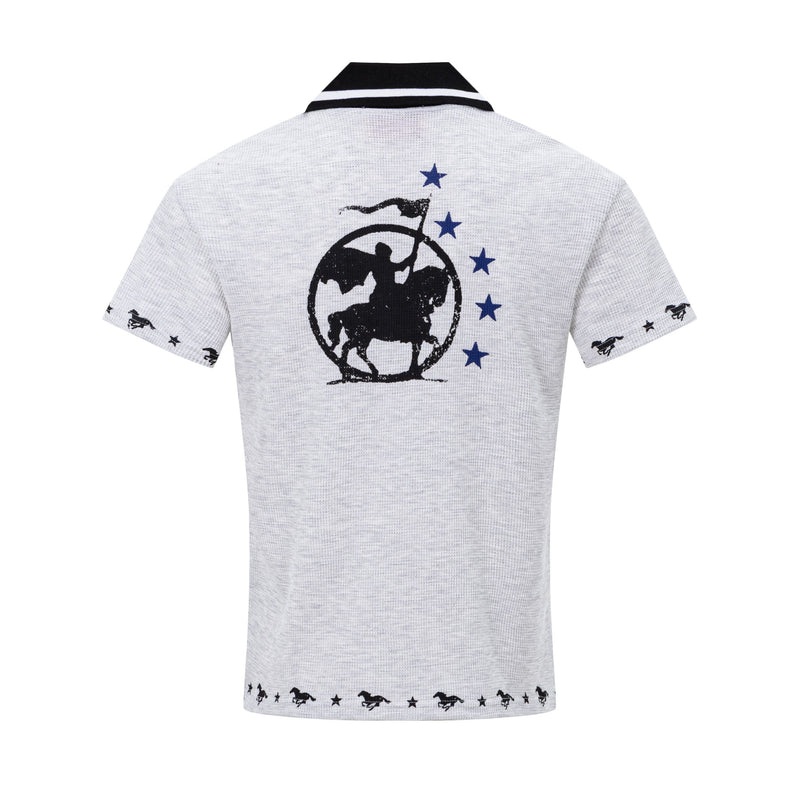 White retro racing polo tee with black collar, embroidered Mustang graphic, and blue star accents on the back