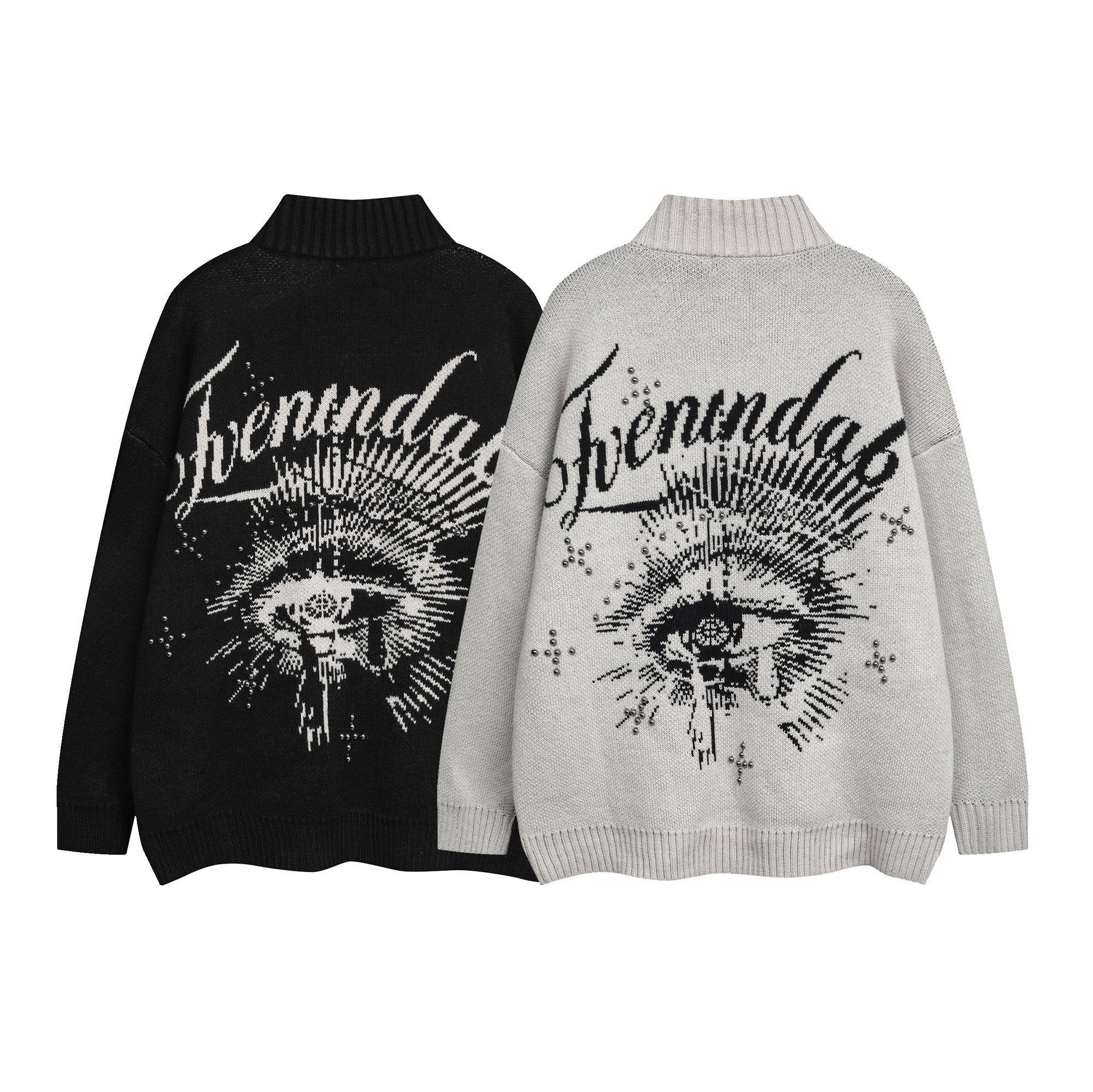 Back view of black and off-white knit zip cardigans with all-seeing eye graphic and script lettering