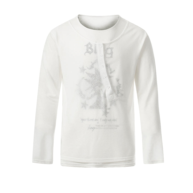 White long sleeve Henley tee with faded front graphic and four-button placket