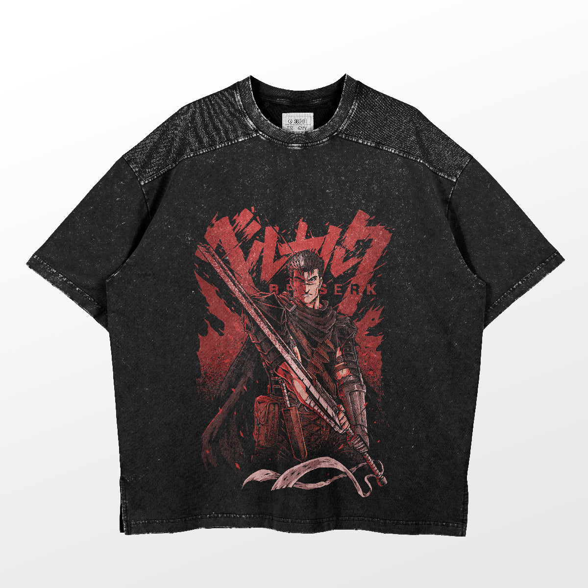 This Berserk-Inspired Graphic T-Shirt features Guts with the iconic Dragonslayer sword on a washed black oversized tee. Bold "Berserk" text enhances the design, making it a perfect streetwear piece for any fan's collection.