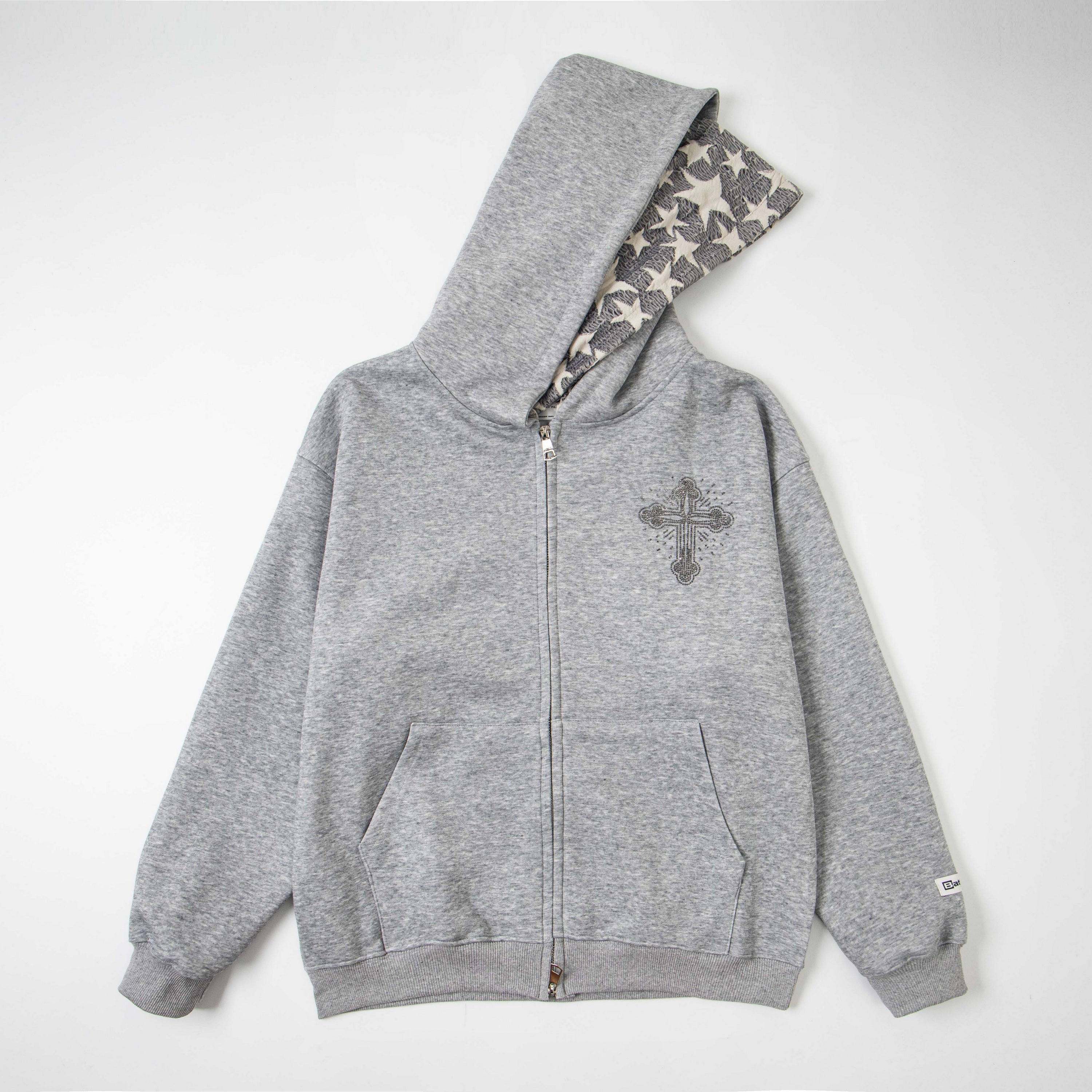 Rhinestone Cross Zip Hoodie | Streetwear Fleece Hoodie