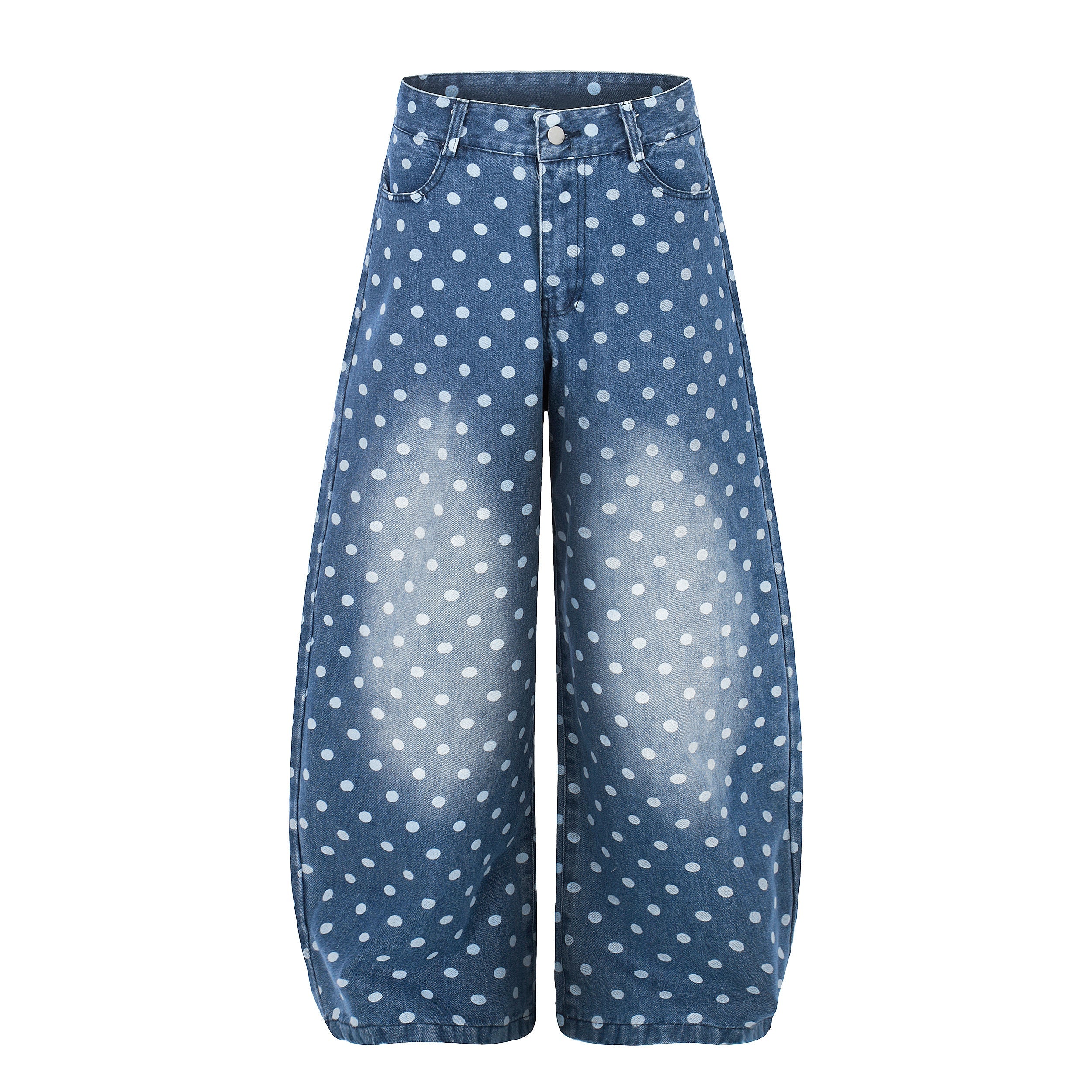 Wide-leg blue denim jeans with all-over white polka dot print and vintage washed fading, front view on white background